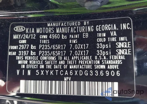 2013 Kia Sorento Lx z USA, uszkodzony, nr VIN 5XYKTCA6XDG336906